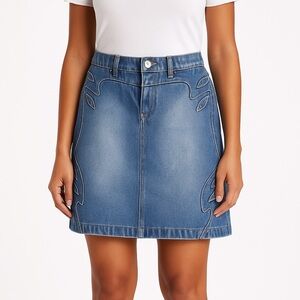 Vintage Faded Glory Faded Denim Boho Skirt Leaf Embroidered Western Y2K